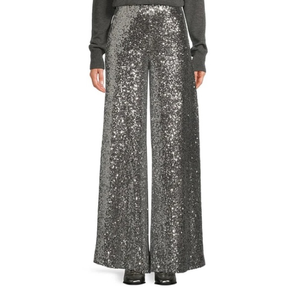 NWOT Alex Marie Silver Sequin Metallic Pants Wide Leg Bell Bottom Flare Size 4